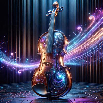 The primary subject of the image is a violin, which is the main object, scene, or focus of the image. The violin is placed on a brick surface, which serves as the setting or background. The visual style of the image is digital art, as it is a digital illustration of the violin. The dominant colors in the image are purple and blue, creating a vibrant and artistic atmosphere.